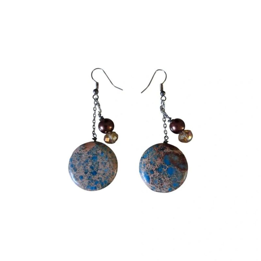 Handmade Round Mottled Blue Brown Bead Dangle Drop Bohemian Statement Earrings